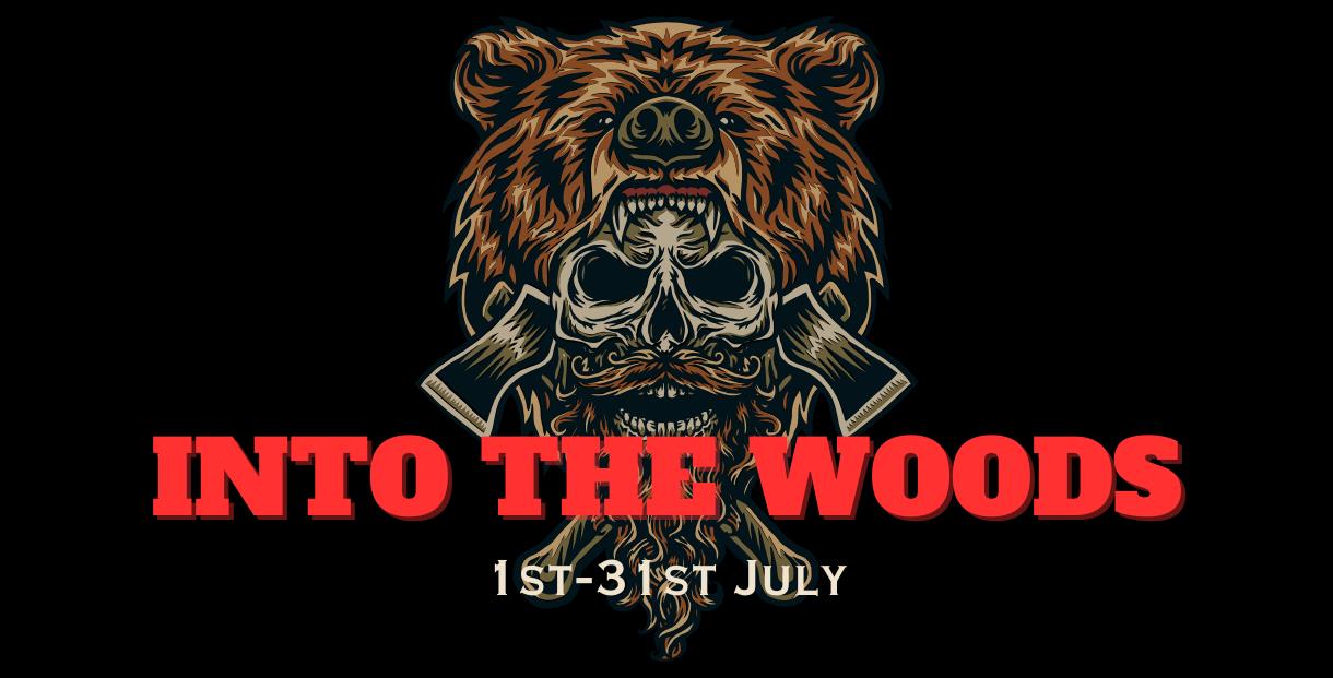 An illustrated skull wearing a bearskin hat with the words Into the Woods over the top