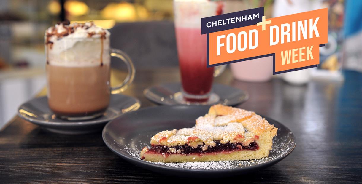 Image of a pie, milkshake and hot drinks