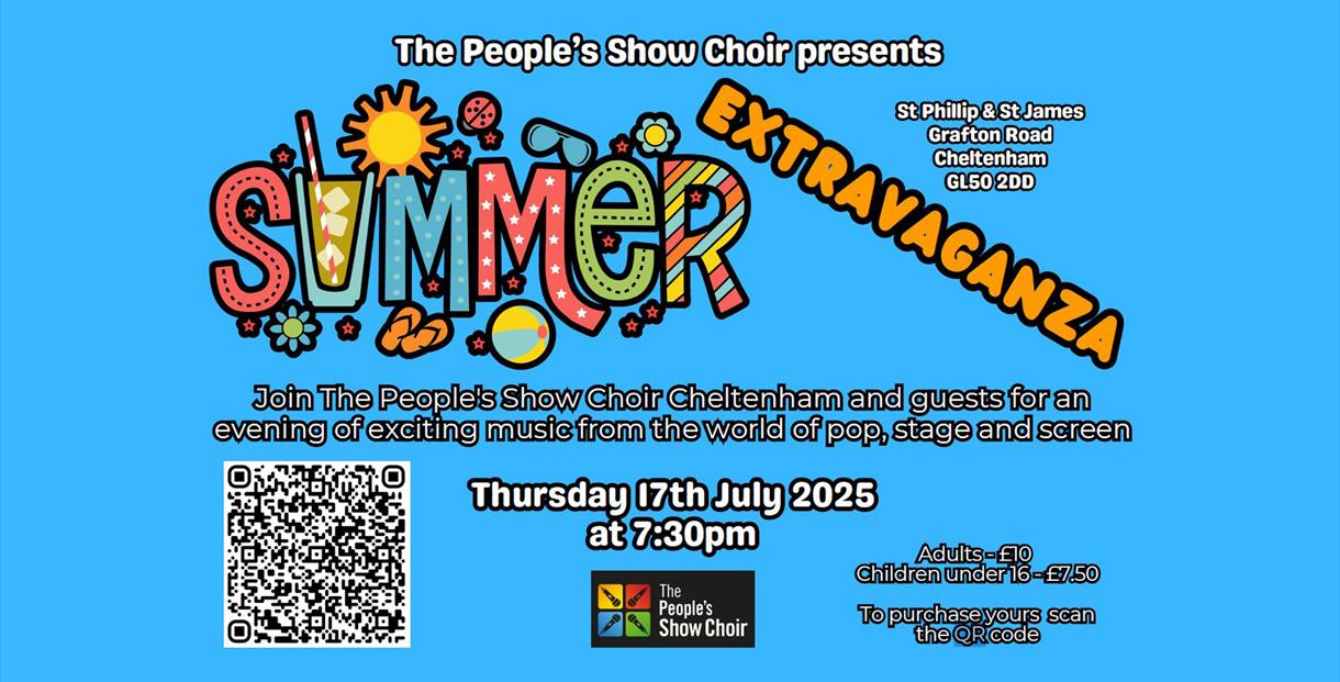A bright blue graphic with the words The People's Show Choirs Summer Extravaganza on it