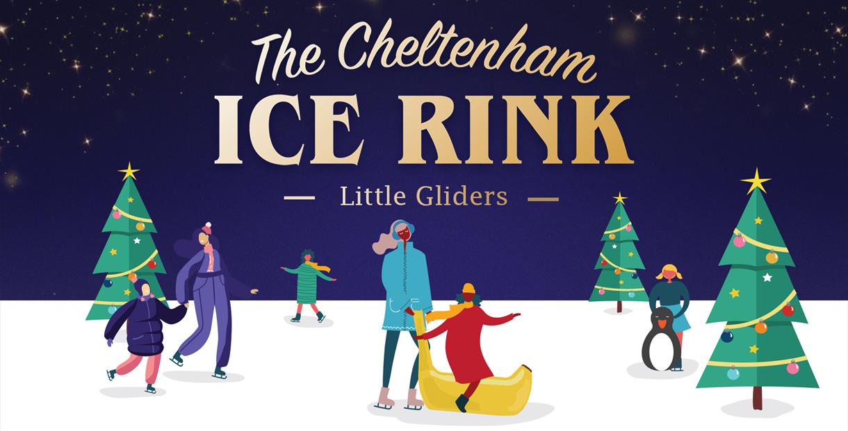 A cartoon graphic of children and parents ice skating