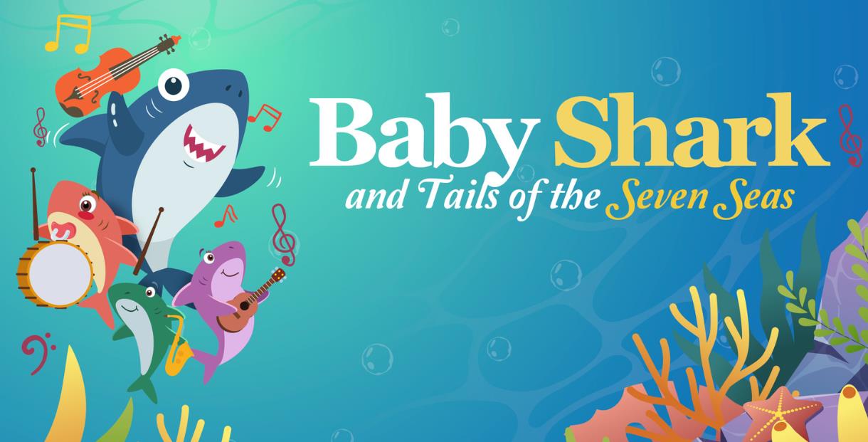 A graphic of four colourful sharks playing insturments under the sea