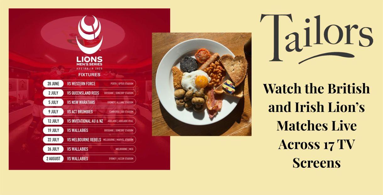 Tailors breakfast and Lions Rugby Live poster