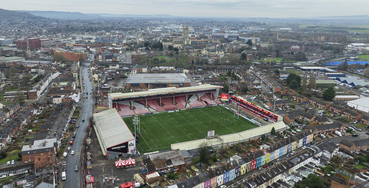 Aerial view of Kingsholm Stadium in Gloucester