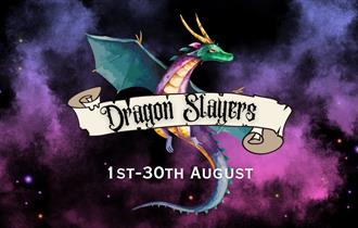 A colourful night sky with a painted dragon and the words dragon slayers over the top