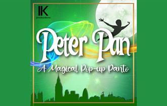 Image of Peter Pan silhouette with the text IK Productions, Peter Pan, A magical pop-up panto.
