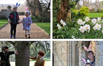 Collage of children wearing Easter bunny ears exploring the grounds of Sudeley Castle