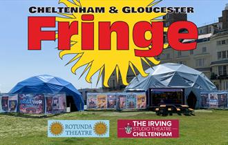 Cheltenham and Gloucester Fringe logo in front of Rotunda pop-up theatre