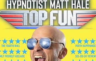 A yellow image of Matt Hale the Hypnotist dressed like Top Gun Maverick