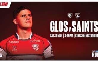 Match promotion artwork for Gloucester Rugby v Northampton Saints with Seb Atkinson as the featured player