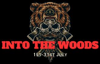 An illustrated skull wearing a bearskin hat with the words Into the Woods over the top