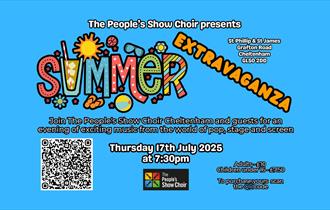 A bright blue graphic with the words The People's Show Choirs Summer Extravaganza on it
