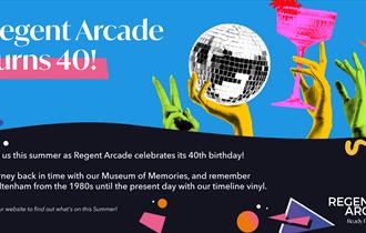 A pop art style graphic of hands holding cocktails and a disco ball.
