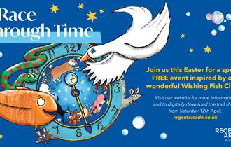 A Race Through Time text with images of animals and a wishing clock