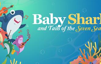 A graphic of four colourful sharks playing insturments under the sea
