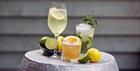 A collection of three Brasserie Blanc cocktails on a barrel, surrounded by lemons and limes