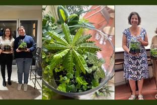 Terrarium in the middle of the photo surrounded by people who have completed the workshop holding their terrariums