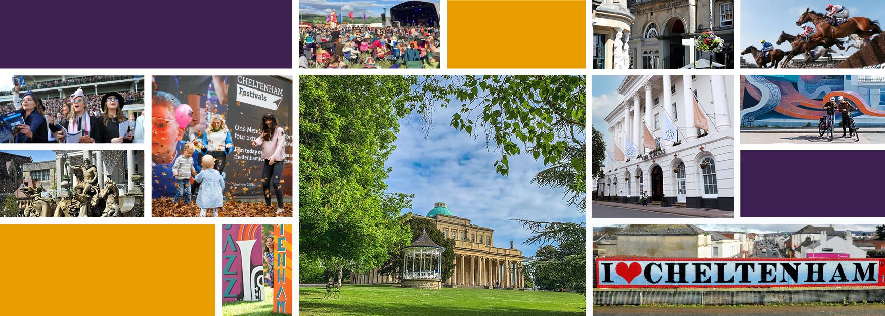 Collage of images featuring Cheltenham attractions