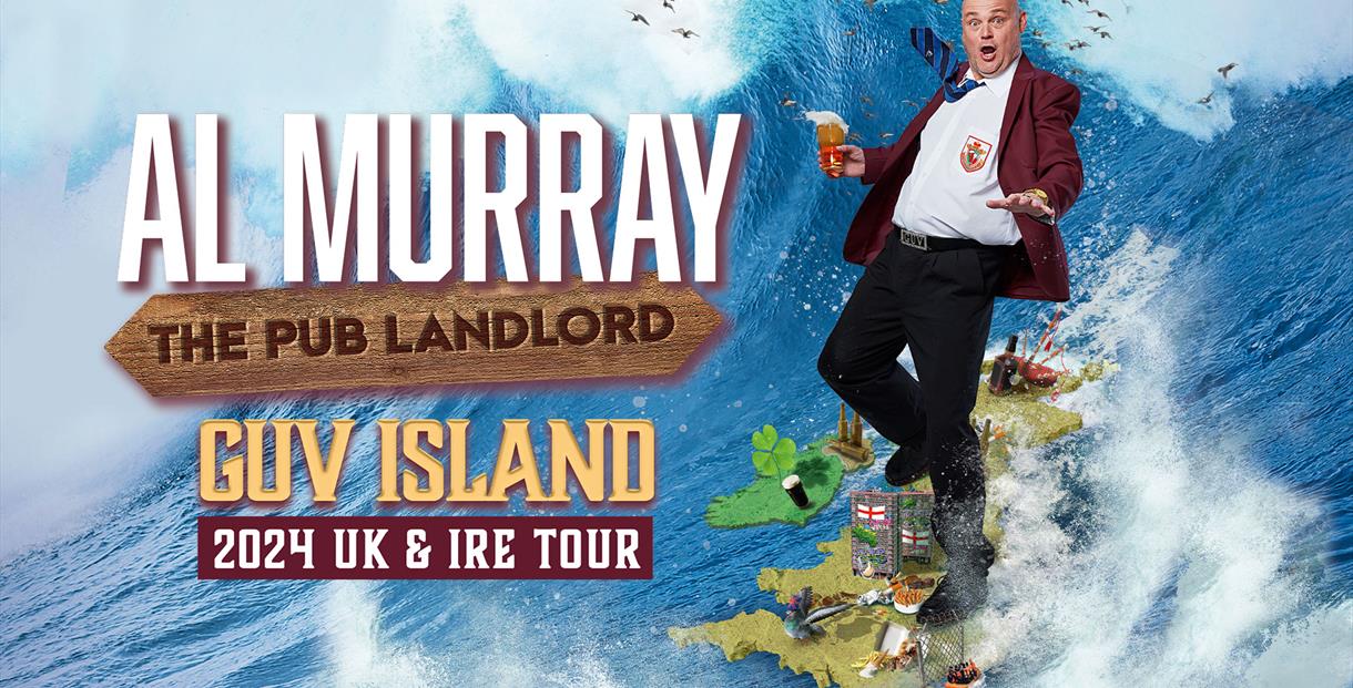Al Murray riding a map of England as a surfboard