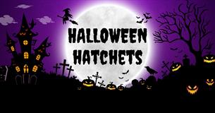 Halloween Hatchets headline written in front of large moon with various Halloween items around it