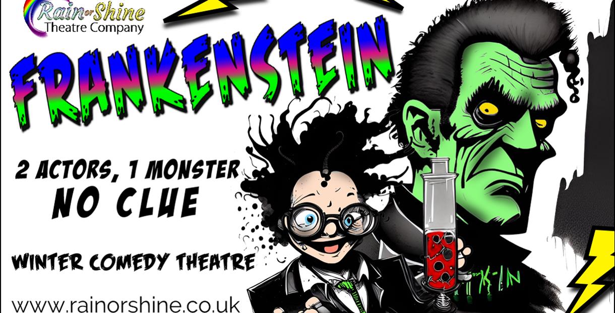 Frankenstein poster with animated characters with the text 2 actors, 1 monster, no clue.