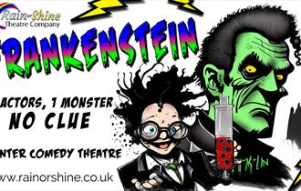 Frankenstein poster with animated characters with the text 2 actors, 1 monster, no clue.