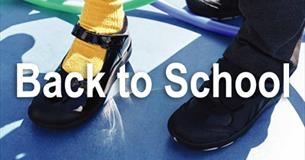 Childrens school shoes with back to school text overlayed