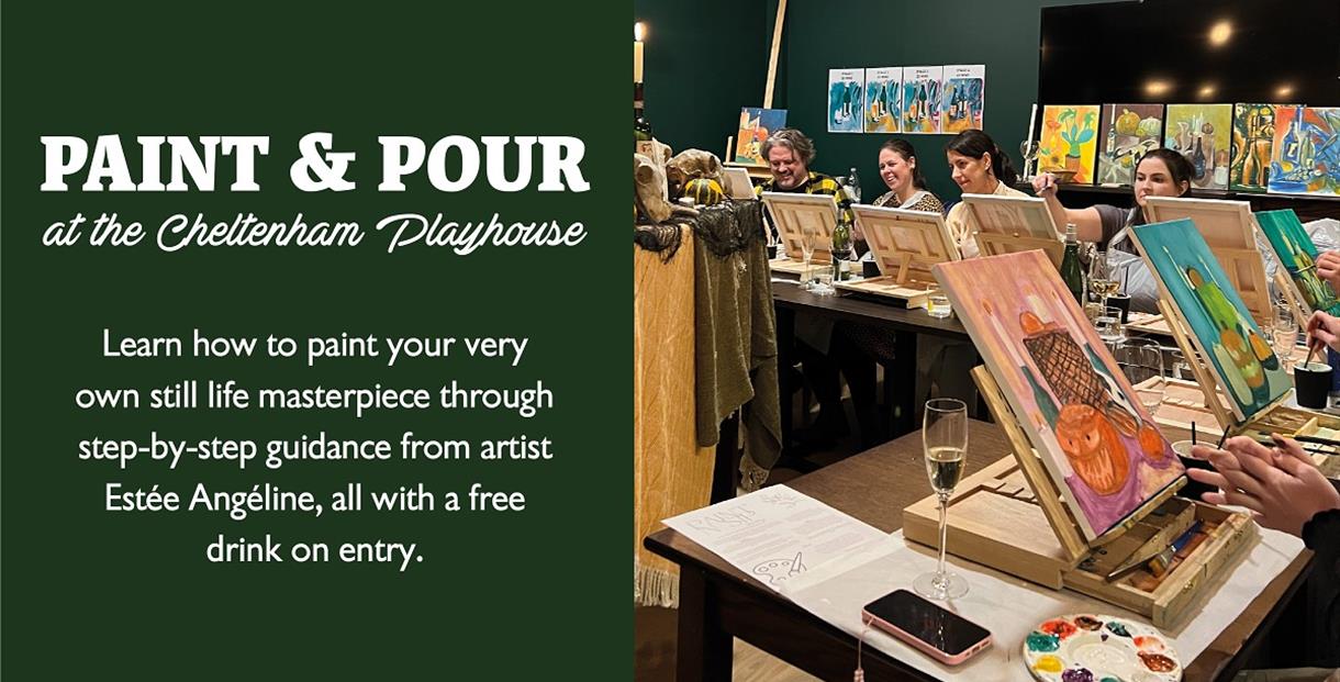 Paint & Pour at the Cheltenham Playhouse with image of guests painting