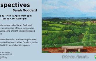 Exhibition flyer featuring an expressive landscape painting of the view from the top of Leckhampton Hill. Perspectives Sarah Goddard Wed 10 - Mon 15 A