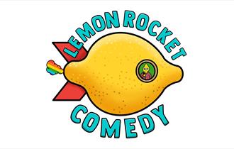 A cartoon image of a lemon headed man inside a lemon rocket