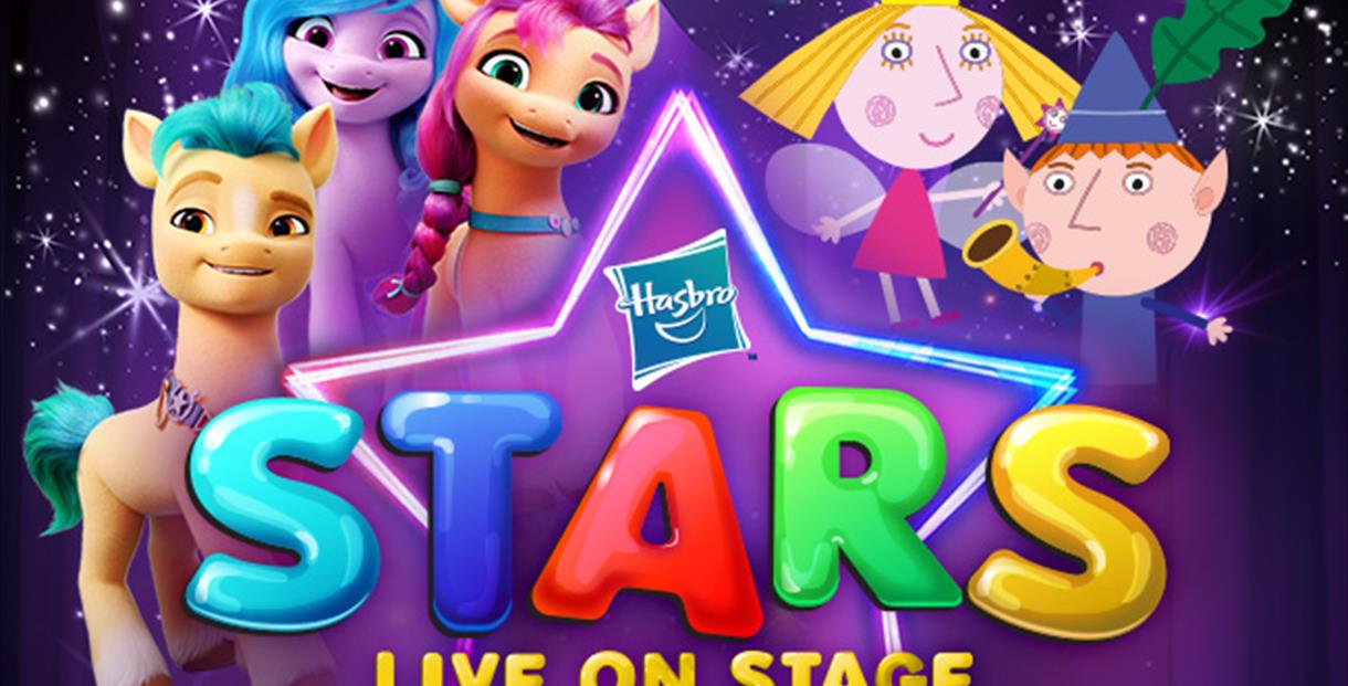 Hasbro characters surrounding a live on stage logo