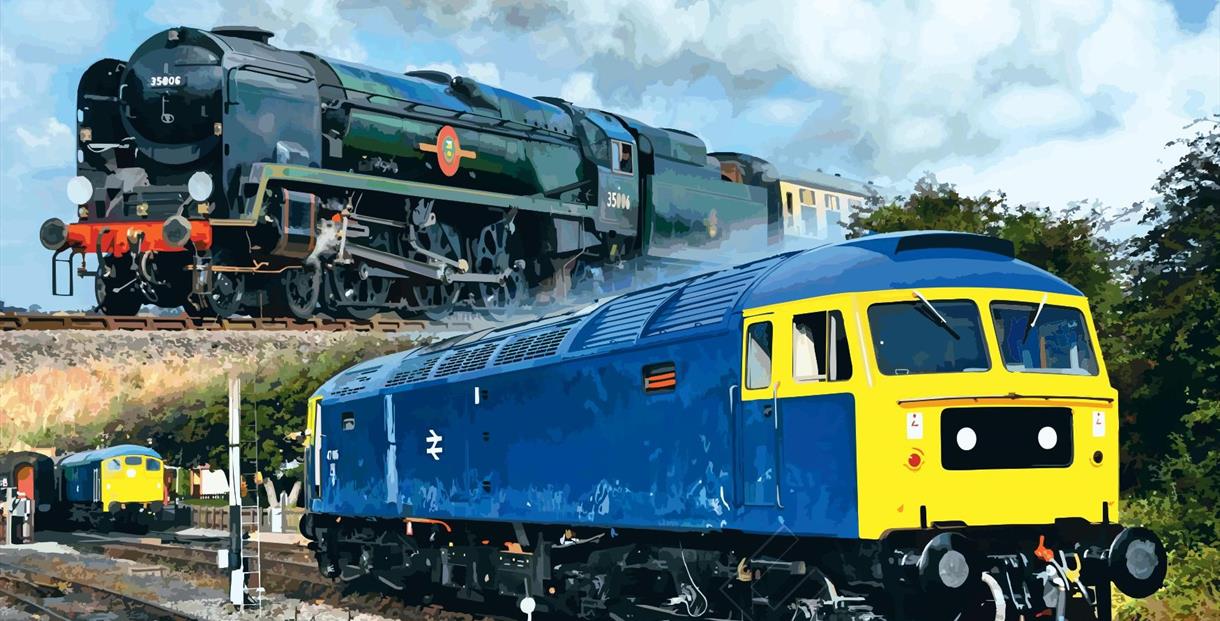 Digital painting of a steam and diesel train