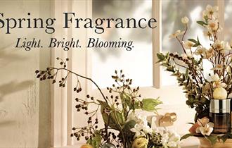 Image of flowers with the text: Spring Fragrance. Light. Bright. Blooming.