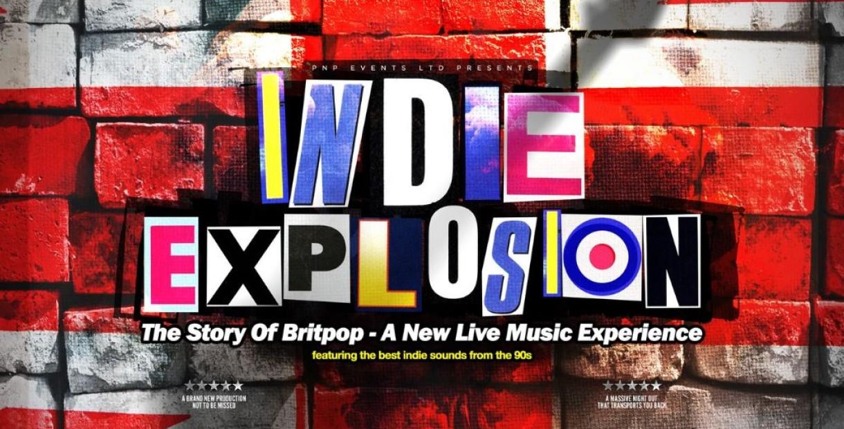 indie explosion in colourful letters with a union jack flag behind