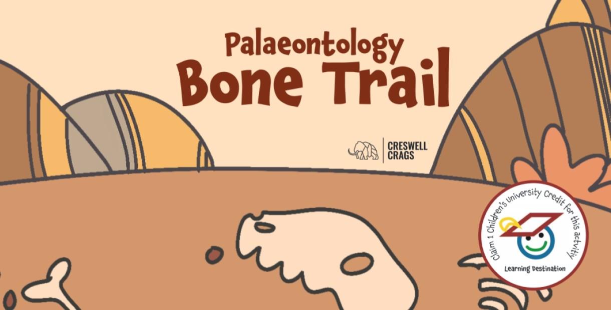 Palaeontology bone trail graphic with a cartoon animal skeleton