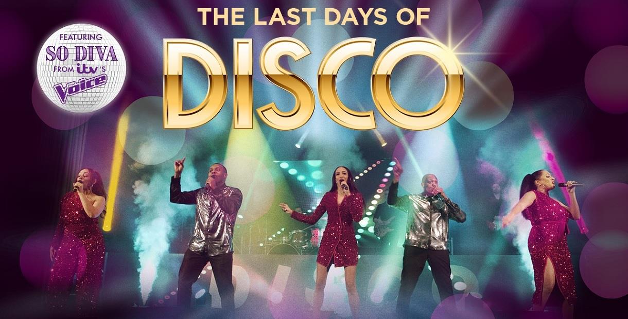 Five singers with microphones. Above them the text reads The Last Days of Disco
