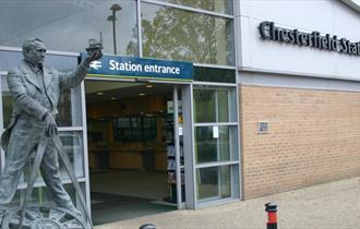 The entrance to Chesterfield Station with statue of George Stephenson out front