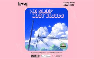 A pink square with blue square in the middle showing clouds a telegraph pole and tree tops. The words No Sleep Just Clouds can be seeing in pixelated