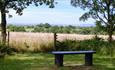 A bench between two trees overlooking fields