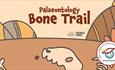 Palaeontology bone trail graphic with a cartoon animal skeleton