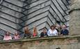 View of people on tower tour of Chesterfield Crooked Spire.