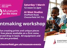 Flyer with details of printmaking workshop on and an image of children printing with tiles.