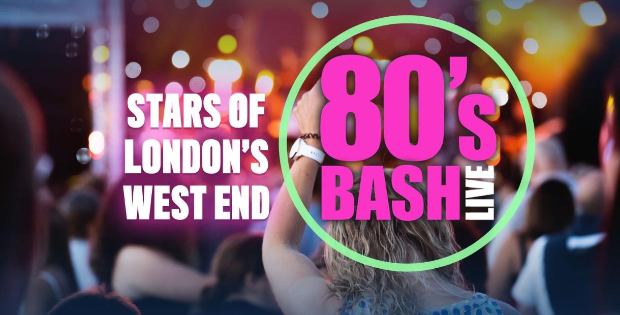 a blurred image of the back of peoples heads stood at a concert. A lady is holding her fist up in the air. The title of the show, 80's Bash is in pink