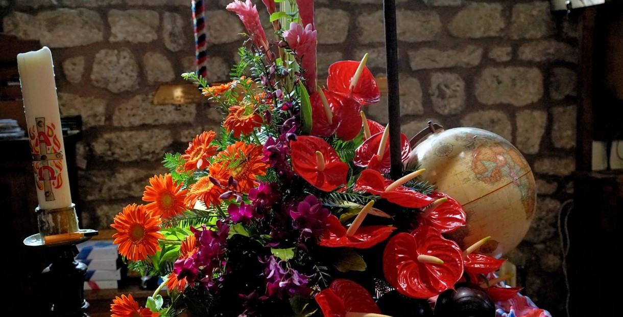 Tropical floral arrangement on a table