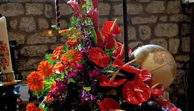 Tropical floral arrangement on a table