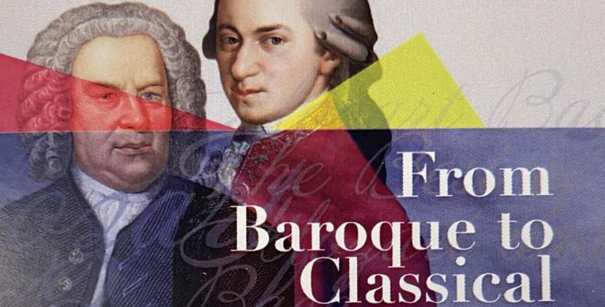 Portraits of Bach and Mozart with colourful shapes and text across saying 'From Baroque to Classical'