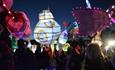 Several shaped lanterns and a Christmas bauble lantern in Bolsover Lantern Parade