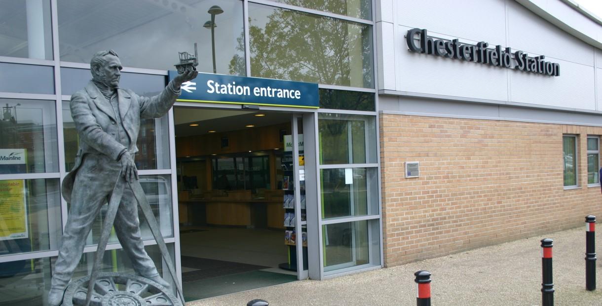 The entrance to Chesterfield Station with statue of George Stephenson out front