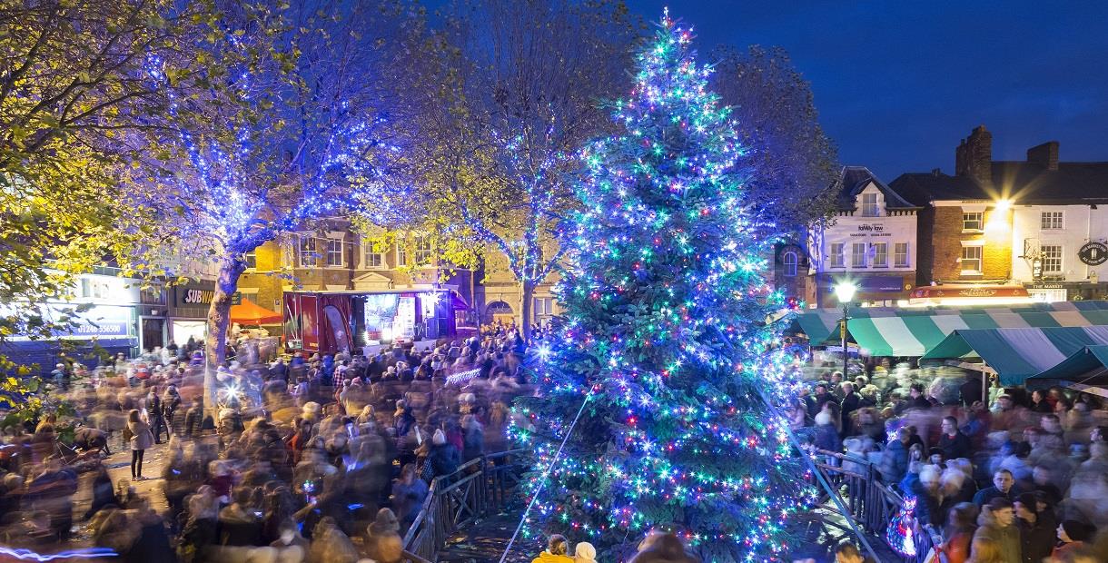 Chesterfield Christmas Lights Switch On and Market featuring the main Christmas tree