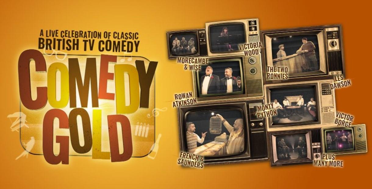 Retro TV sets showing British comedy stars stacked together on a gold background