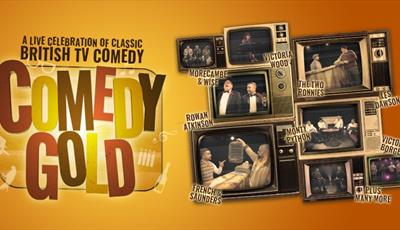 Retro TV sets showing British comedy stars stacked together on a gold background 